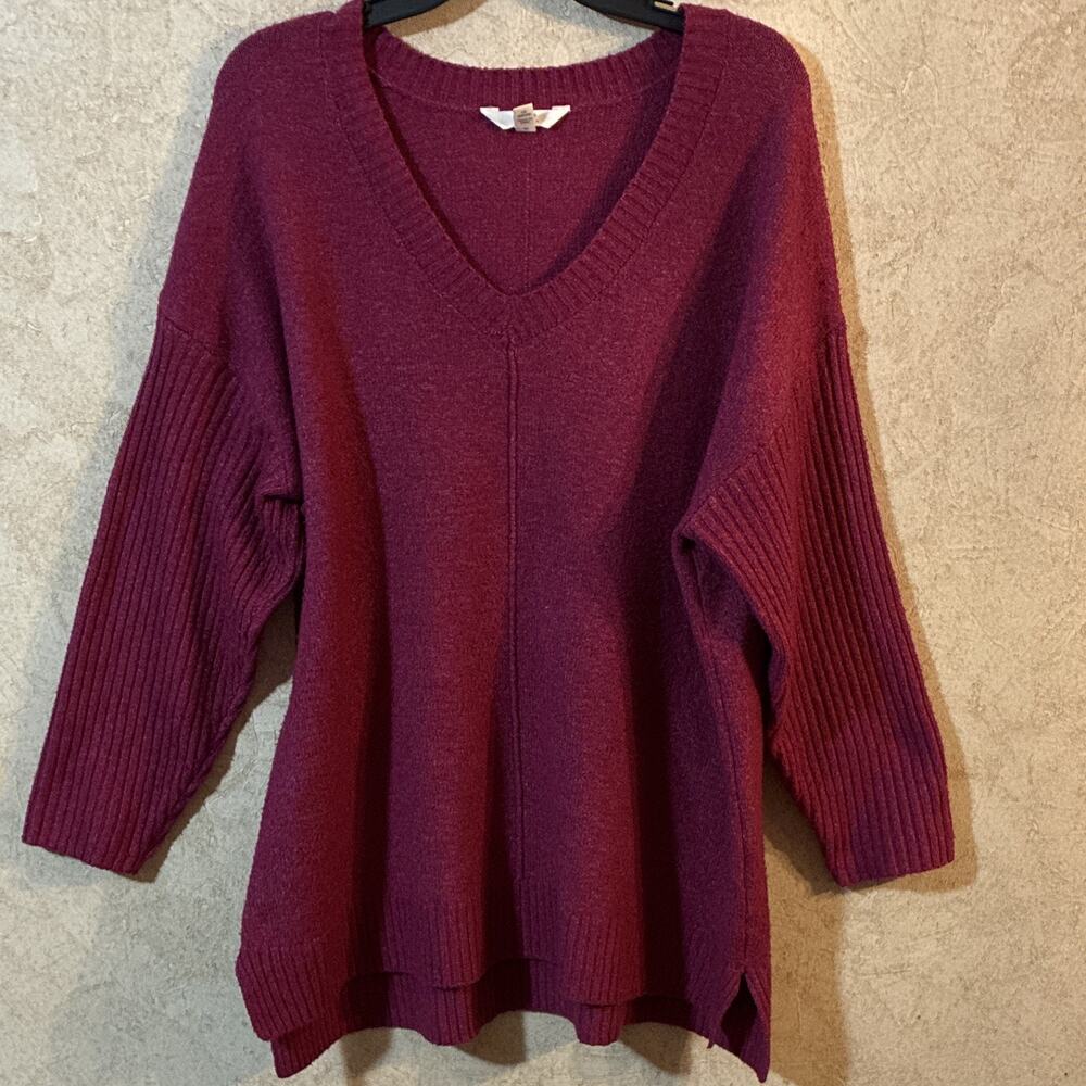 Terra & Sky V-Neck Tunic Sweater Plus Sz Magenta Pink Ribbed Sleeve Oversized XL